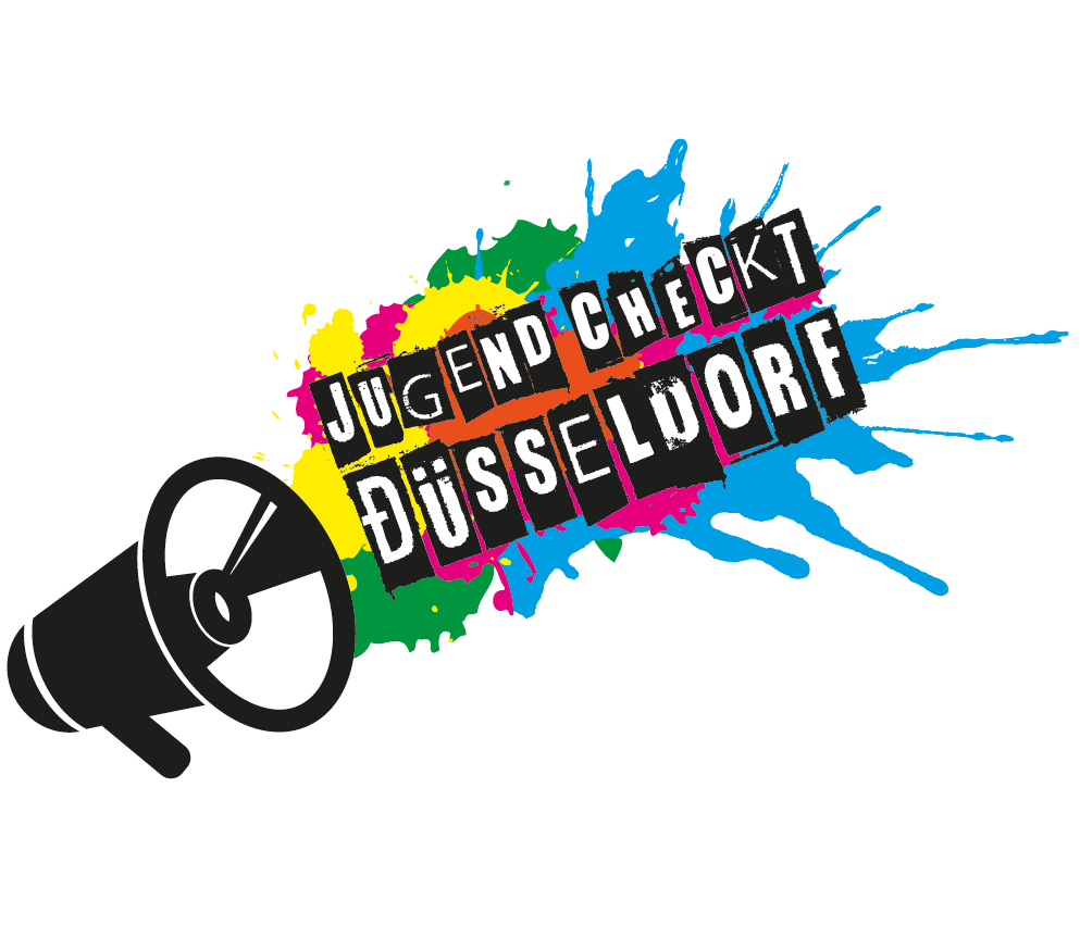 Schriftszug Jugend checkt Düsseldorf fligt mit bunten Farbkleksen aus einem Megaphon