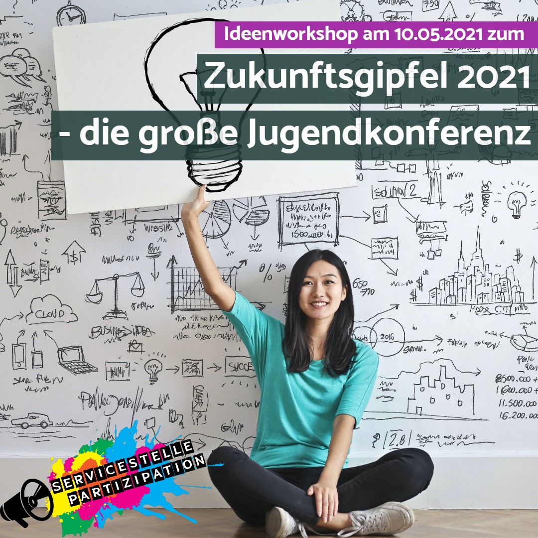 Frau sitzt im Schneidersitz vor vollgekritzelter Wand und hält schild mit einer gemalten Glühbrine hoch. Bildauschrift Ideenworkshop am 10.5.2021 zum Zukunftsgipfel 2021 - die große Jugendkonferenz