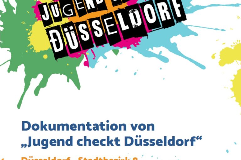 Cover der Dokumentation Jugend checkt Düsseldorf im Stadtbezirk 8 mit bunten Farbklecksen
