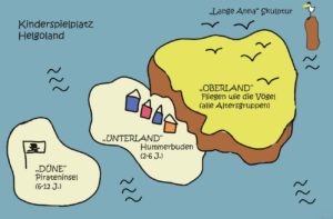 Abbildung mit drei Inselteilen. Erster Inselteil links Beschriftung: "Düne" Pirateninsel (6-12J.). Mittlere Insel "Unterland" Hummerbuden (2-6J.) mit vier kleinen Häuschen. Rechte Insel optisch höher gelegen "Oberland" Fliegen wie die Vögel (Alle Altersgruppen).