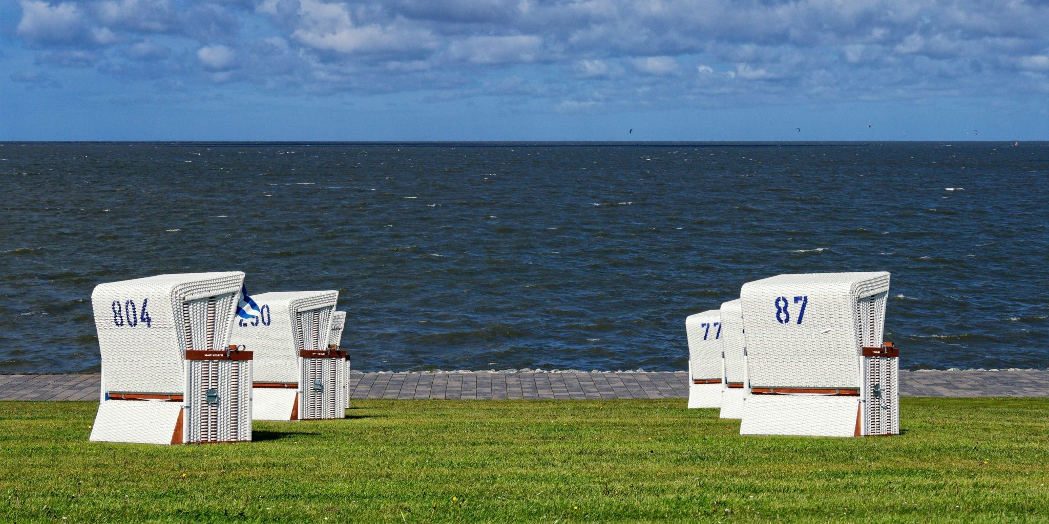 Strandkörbe stehen auf einer Wiese, im hintergrund ist das Meer zu sehen