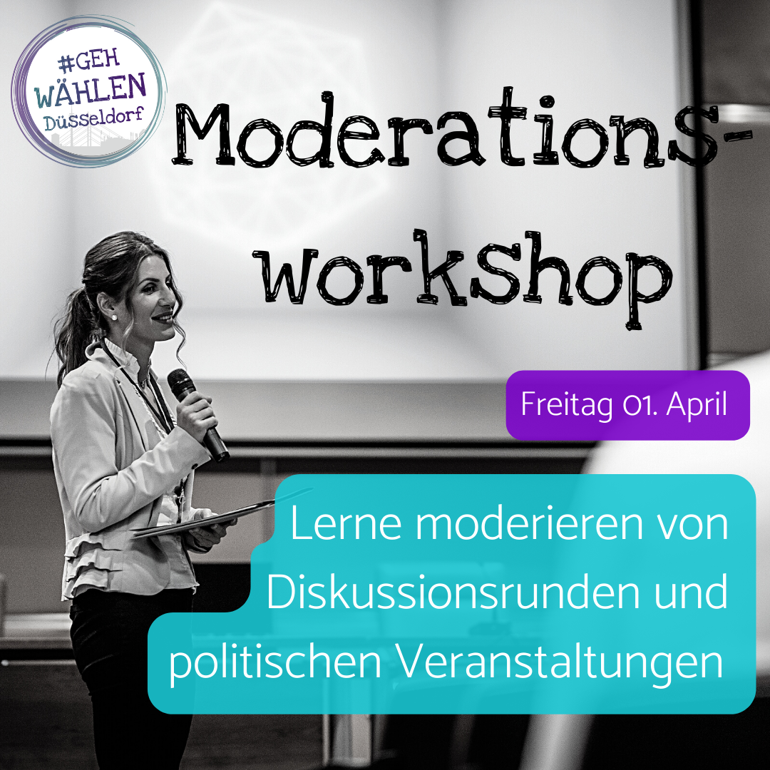 Links im Bild steht eine junge Frau mit einem Mikrofon in der Hand. Rechts steht der Text: Moderationsworkshop Freitag 01. April Lerne Moderieren von Diskussionsrunden und politischen Veranstaltungen