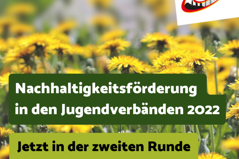Im Hintergrund ist eine Wiese mit Löwenzahn zu sehen. Im Vordergrund steht der Text: Nachhaltigkeitsförderung in den Jugendverbänden 2022. Jetzt in der zweiten Runde bis zum 22. Mai beantragen
