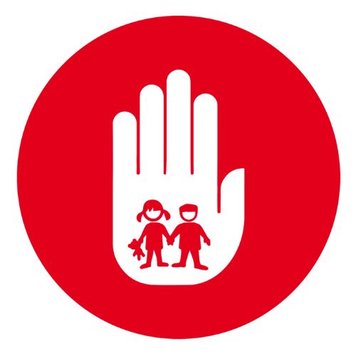 Das Bild zeigt einen roten Kreis in dem eine weiße Handfläche gezeichnet ist. Auf der Handfläche sind in rot zwei Kinder gezeichnet.
