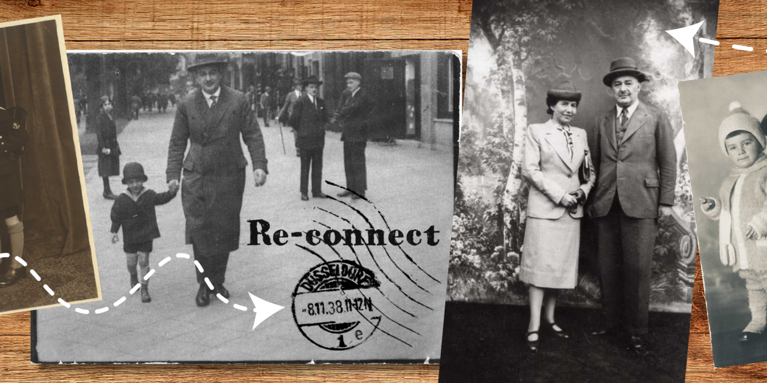 Schwarz-weiße Familienfotos der Familie Altmann. Logo Re-connect