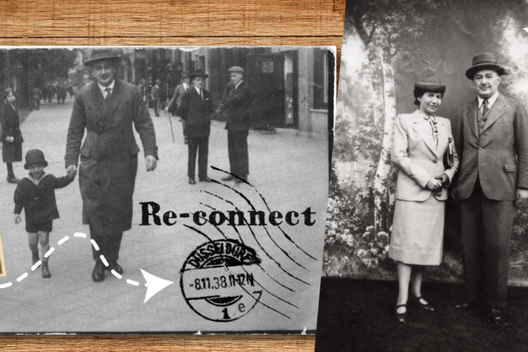 Schwarz-weiße Familienfotos der Familie Altmann. Logo Re-connect