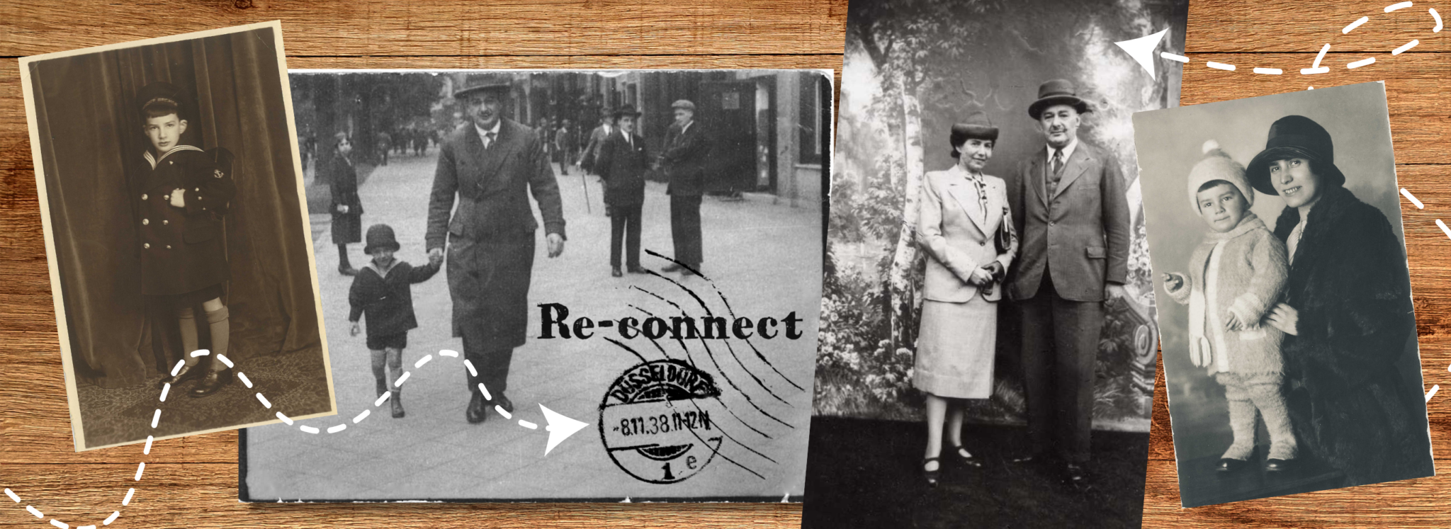 Schwarz-weiße Familienfotos der Familie Altmann. Logo Re-connect