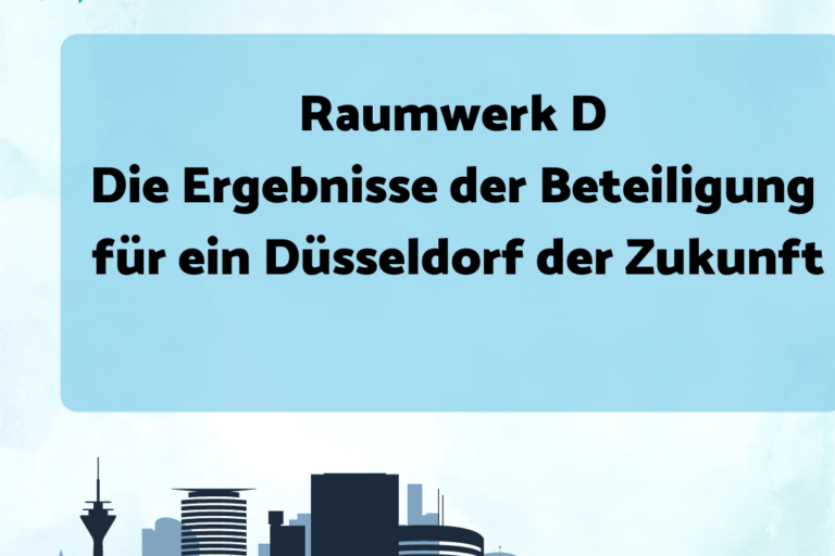 oben Links ist das Logo der Servicestelle Partizipation zu sehen. Aus einem Megpahon kommen bunte Farbkleckse und der Schriftzug mit dem Namen. Mittig steht: Raumwerk D Die Ergebnisse der Beteiligung für ein Düsseldorf der Zukunft" und unten ist die Skyline Düsseldorfs und ein Pfeil nach rechts zu sehen.