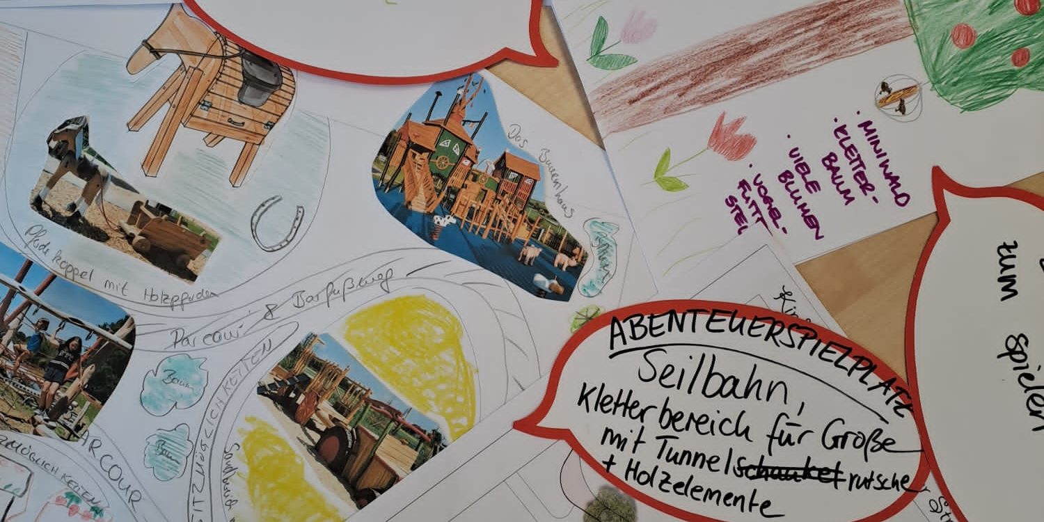 Gesammelt und ausgebreitet die gemalten Ideen, Pläne und Sprechblasen mit Vorschlägen für den Spielplatz