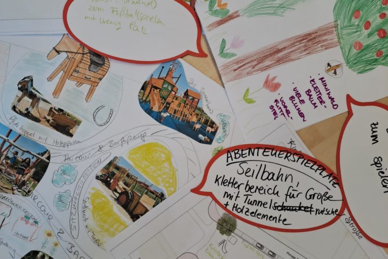 Gesammelt und ausgebreitet die gemalten Ideen, Pläne und Sprechblasen mit Vorschlägen für den Spielplatz