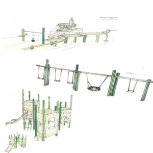 Zeichnung einer Wassermatschanlage, einer Reihe Schaukeln und 3 Hütten mit breiter Rutsche für kleine Kinder