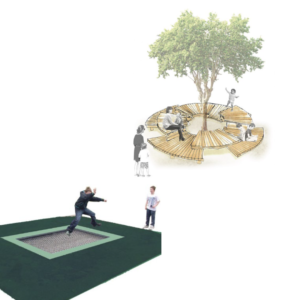 Ein Trampolin und eine runde SItzbank um den Stamm eines Baumes