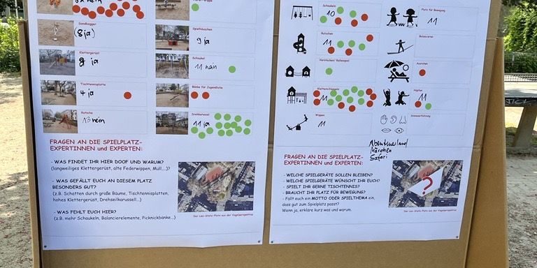 Stellwand_Leo-Statz Platz Plakate mit Wünschen und Verbesserungen für den Spielplatz Leo-Statz-Platz in Unterbilk.