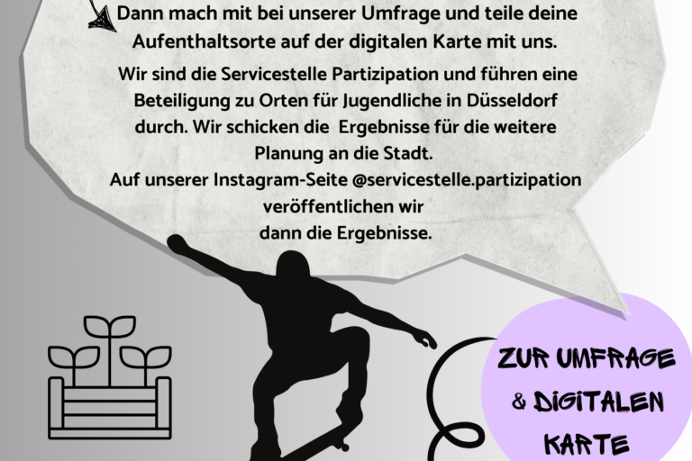 Ein Plakat: #dein Ort in Düsseldorf. Du bist zwischen 12 udn 27 Jahre alt und wohnst in Düsseldorf? Dann mach mit bei unserer Umfrage und teile deine Aufenthaltsorte auf der digitalen Karte mit uns. Dazu sind Piktogramme von einem Hochbeet, einer Person, die skatet, einer Person, die in der Hängematte liegt und einer Person, die Musik hört, zu sehen. Außerdem das Logo der Servicestelle Partizipation.